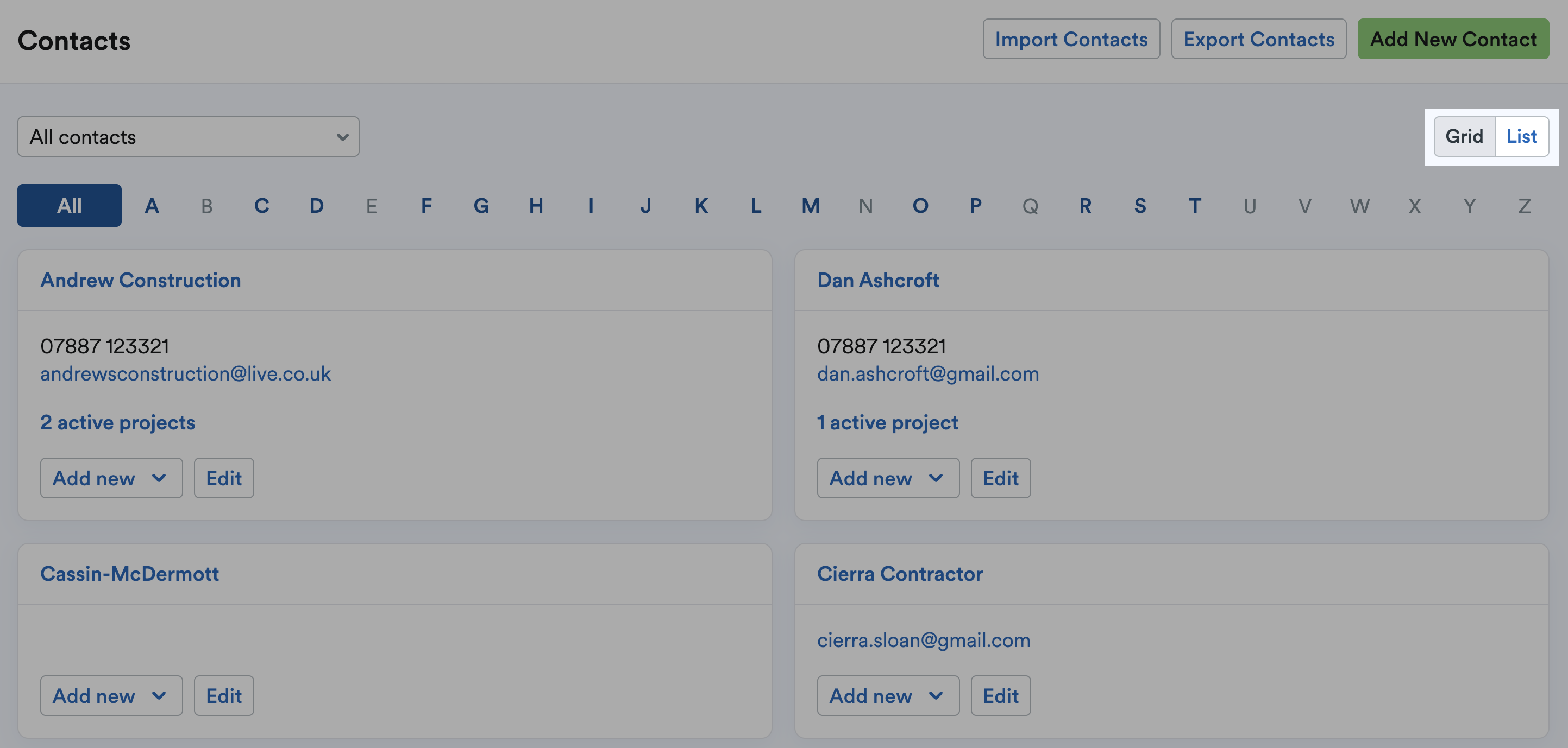 Grid and List toggles highlighted at the top-right of the Contacts screen