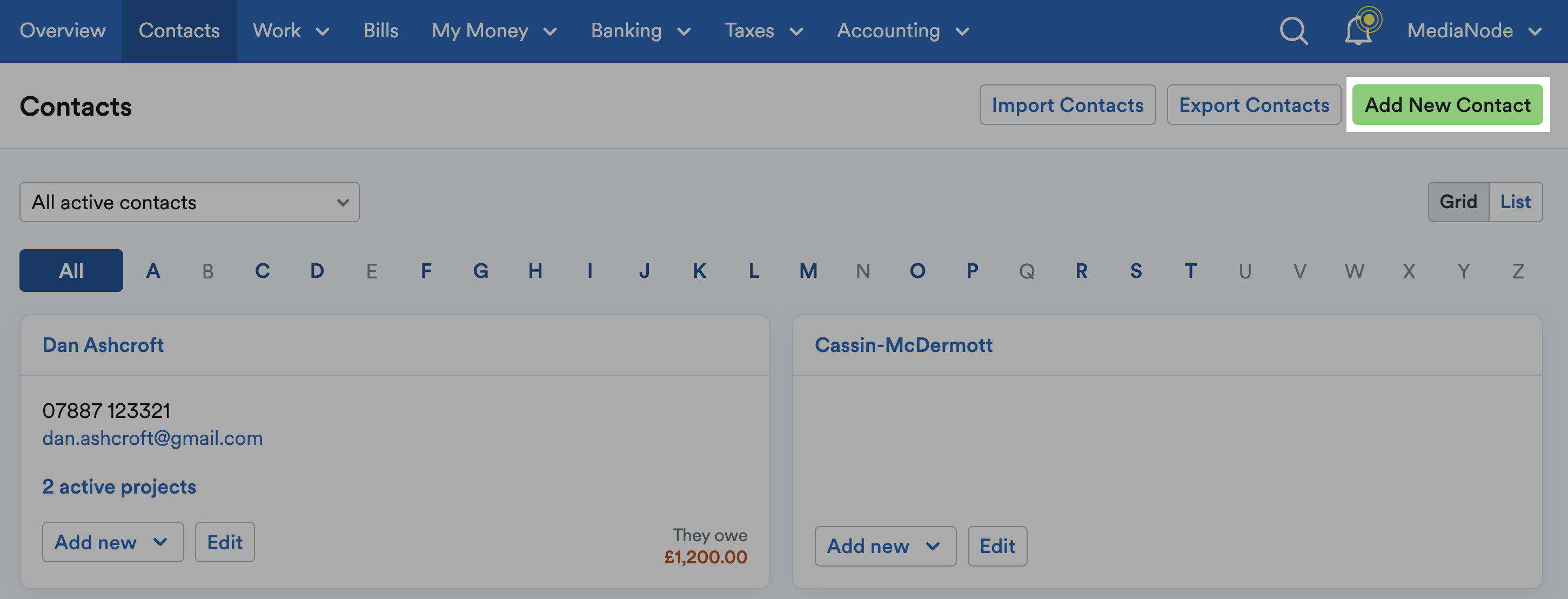 Add New Contact button highlighted in top-right