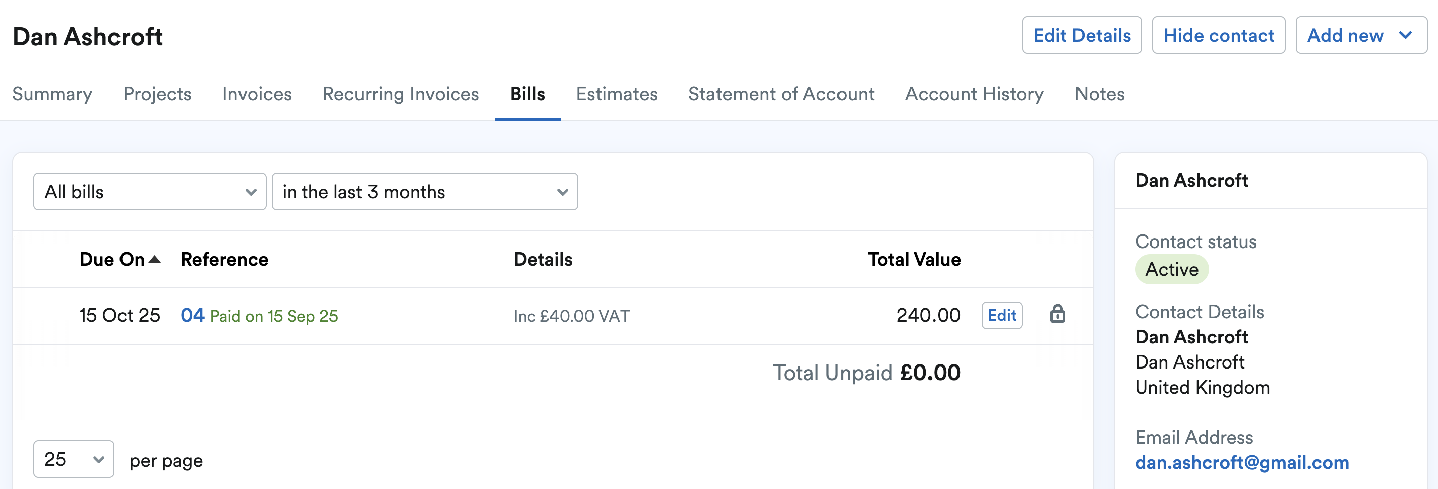 Example of the Bills tab for a contact