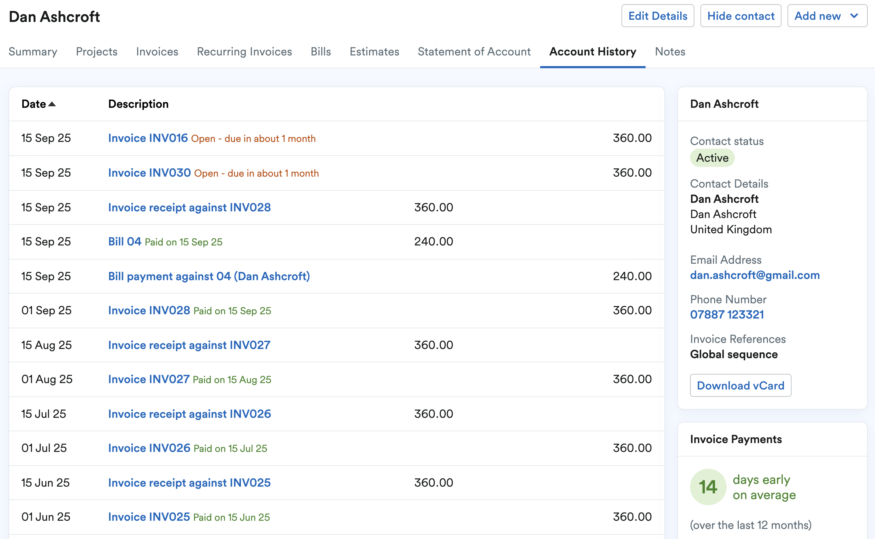 Example of the Account History tab for a contact