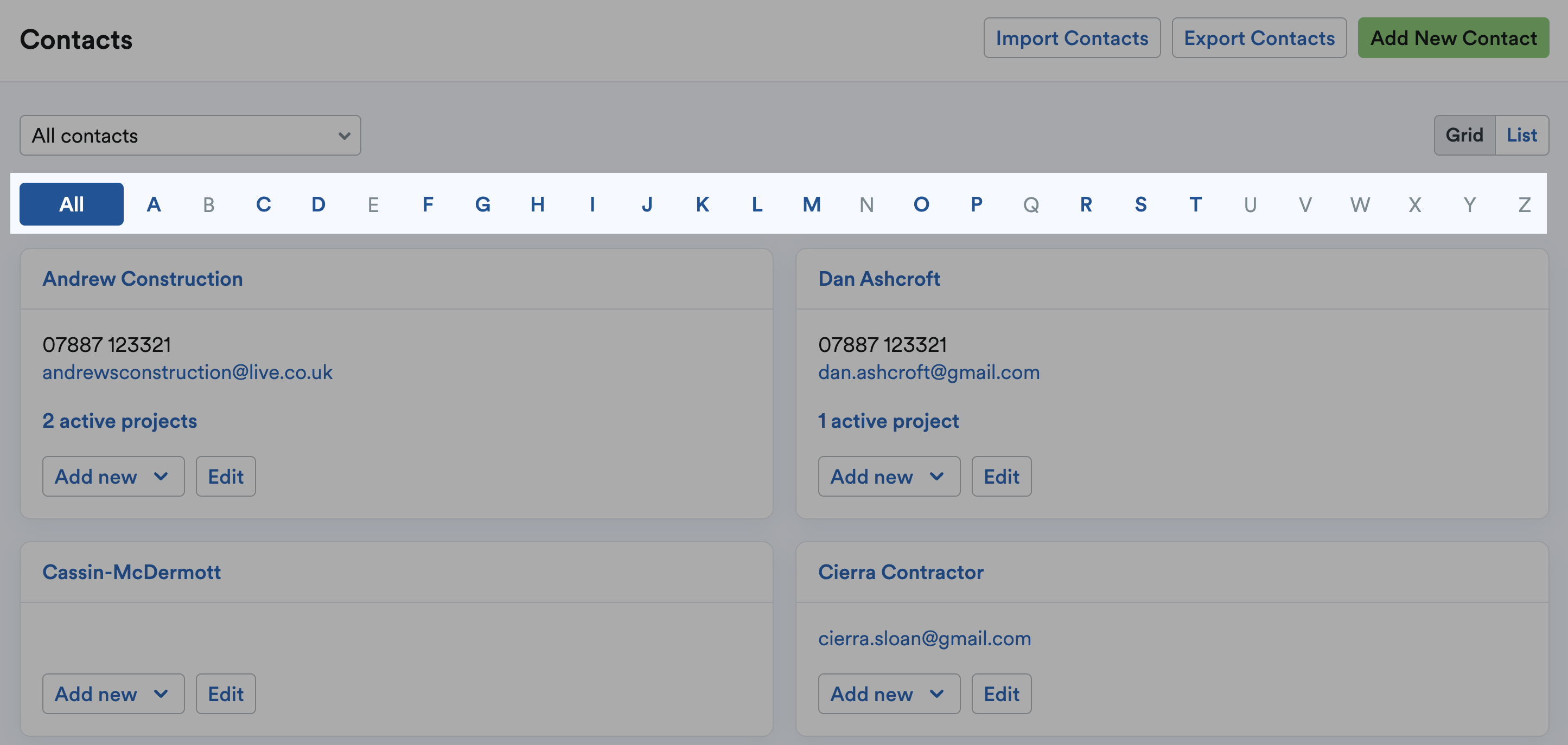 Option to view contacts by alphabetical letter highlighted