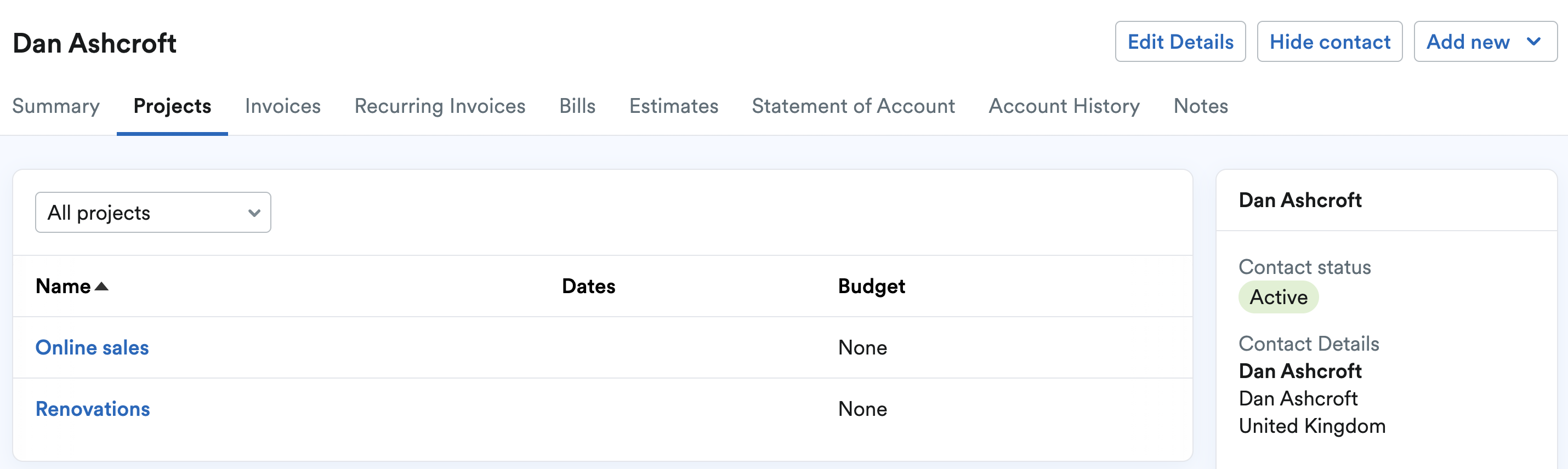 Example of the Projects tab for a contact