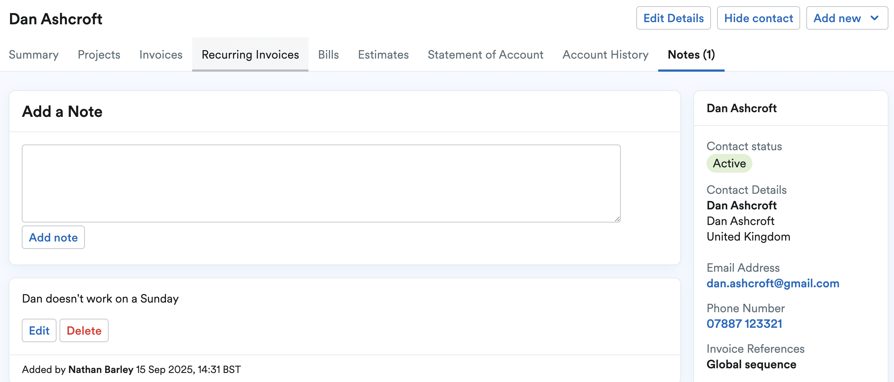 Example of the Notes tab for a contact