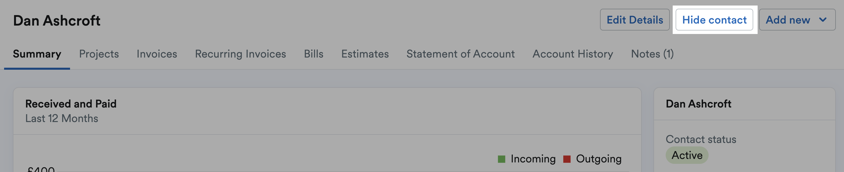 Hide contact button highlighted in the top-right