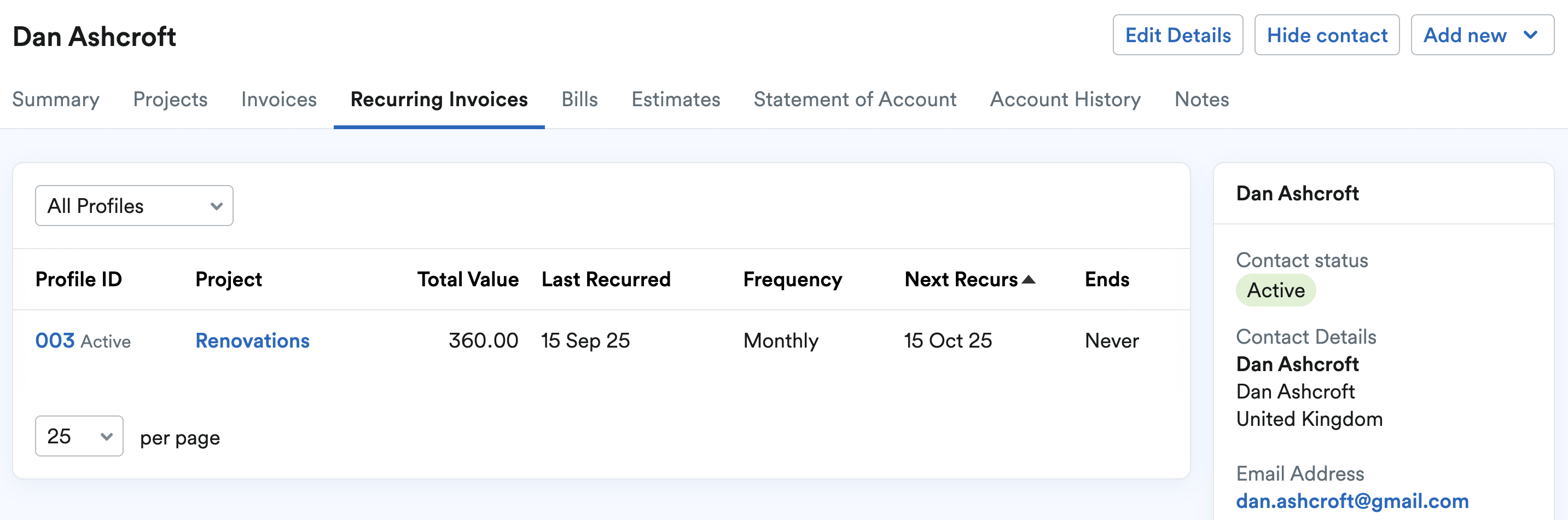 Example of the Recurring Invoices tab for a contact