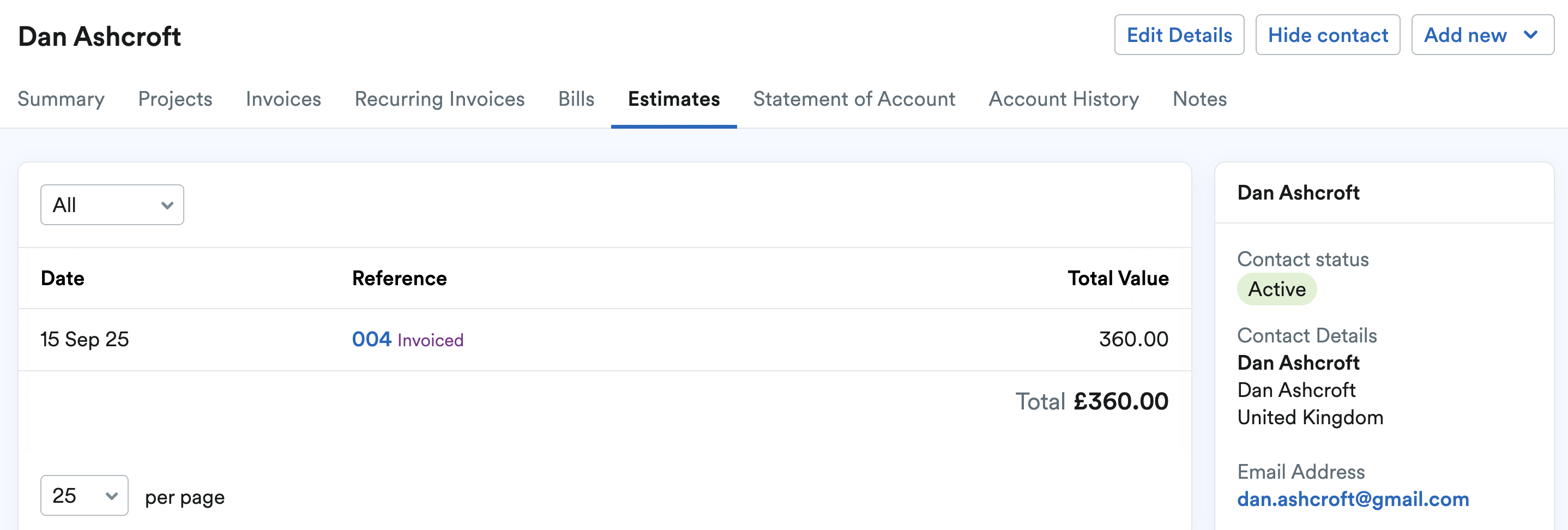 Example of the Estimates tab for a contact