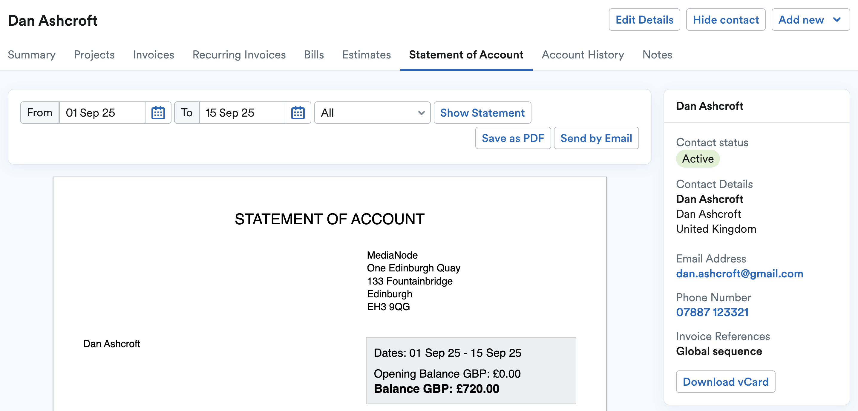 Example of the Statement of Account tab for a contact