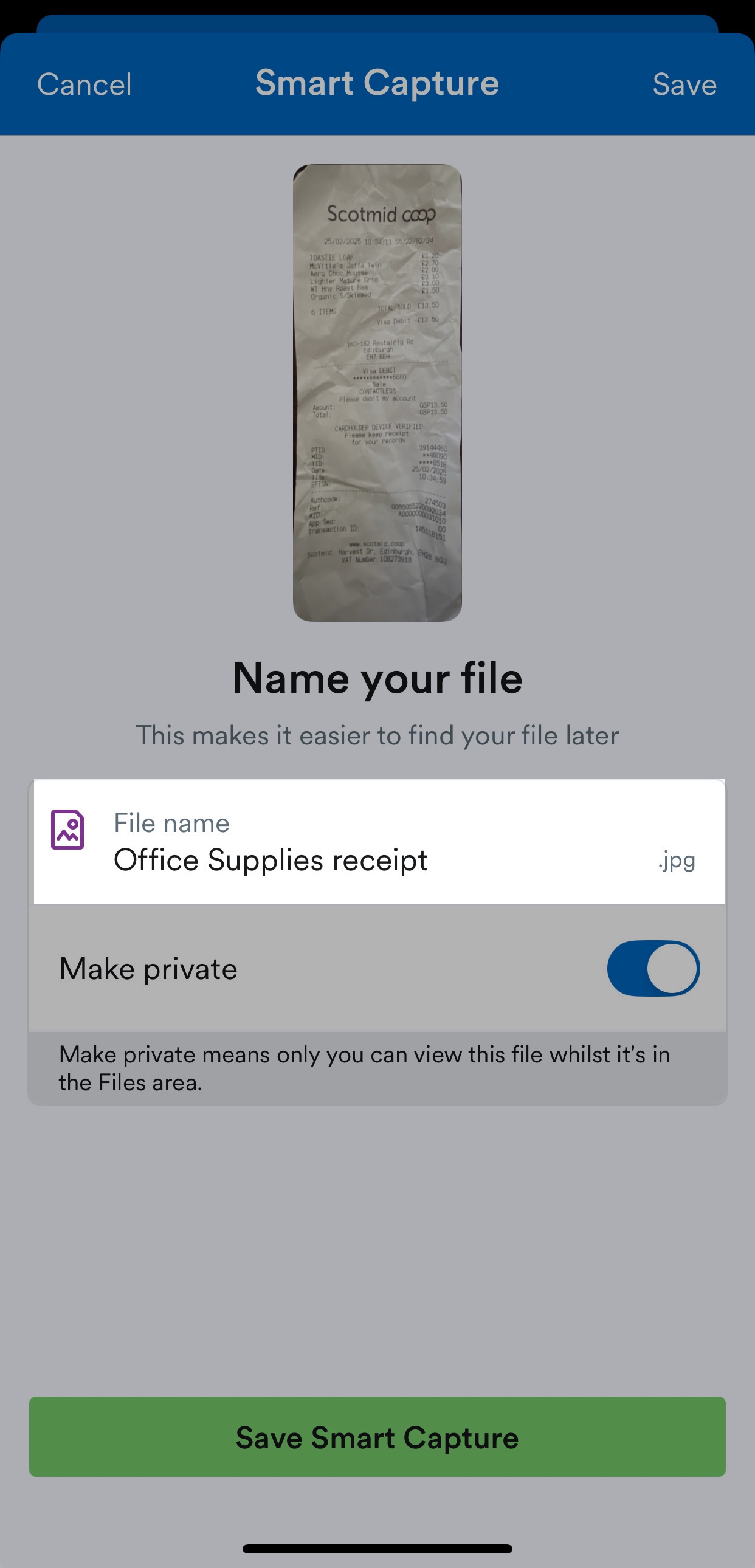 Example file name highlighted on Smart Capture page.