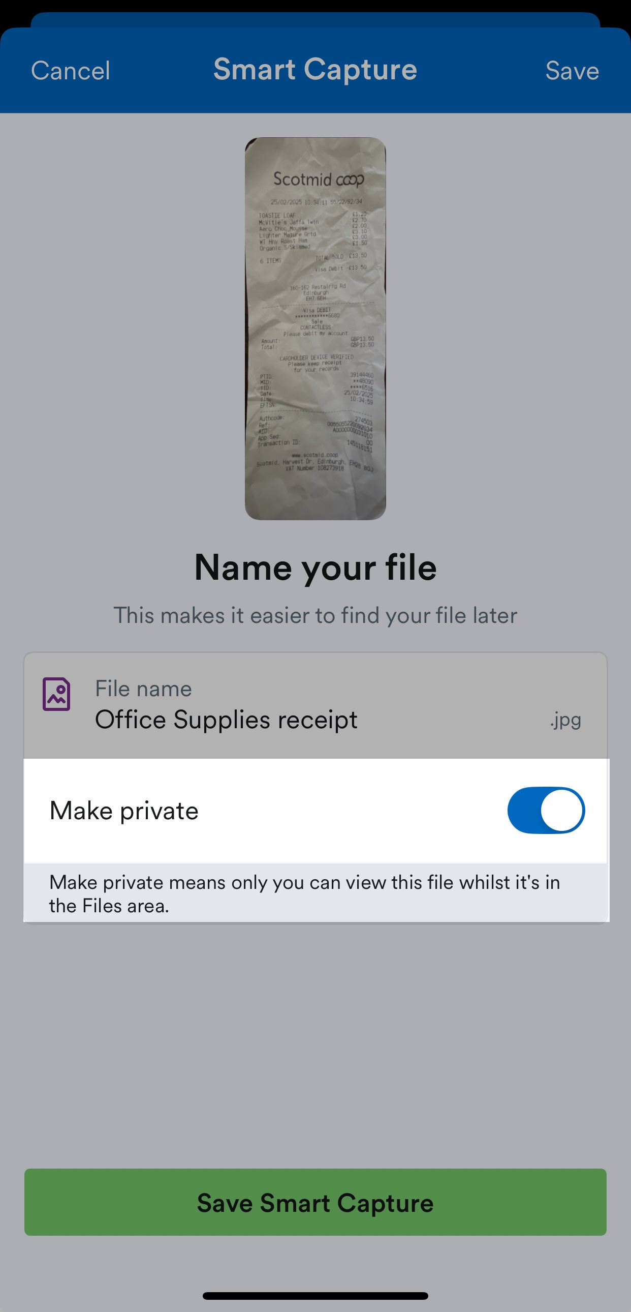 'Make private' toggle highlighted on Smart Capture page.