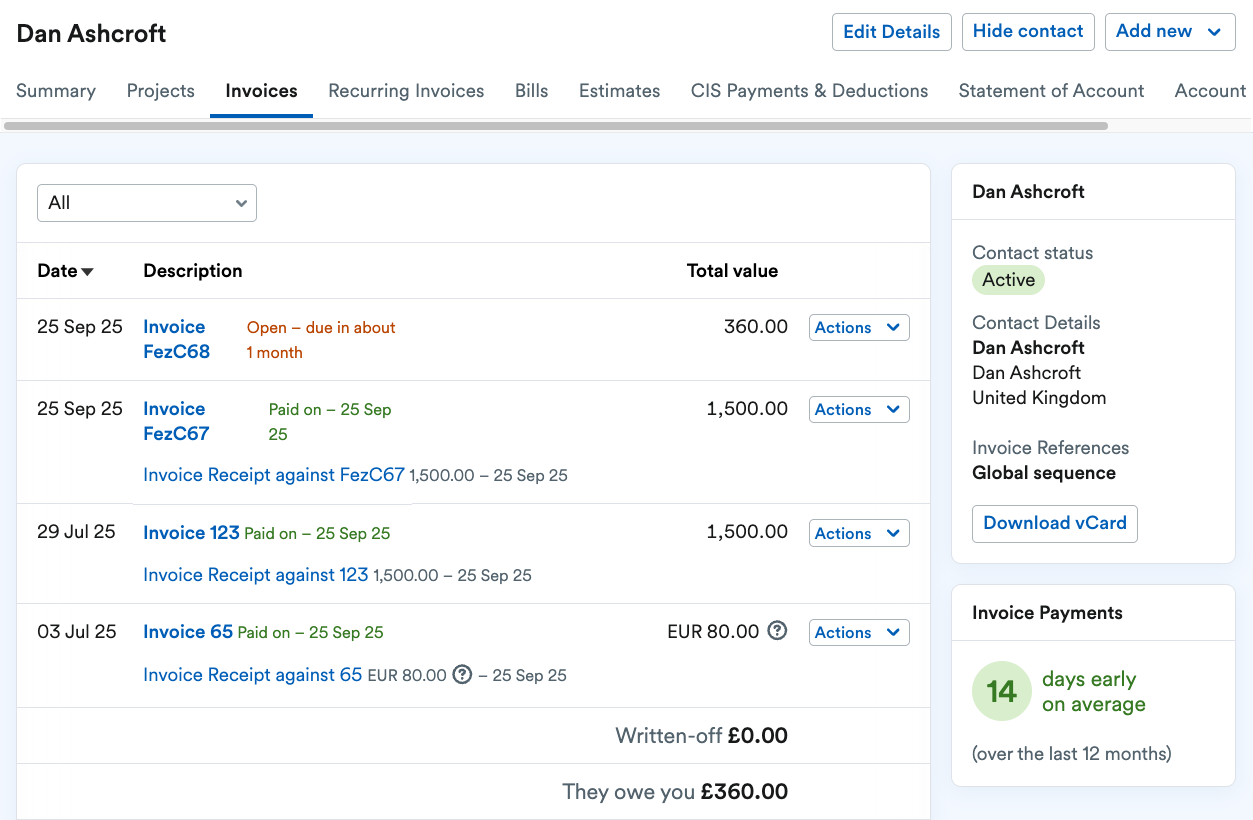 Example of the Invoices tab for a contact