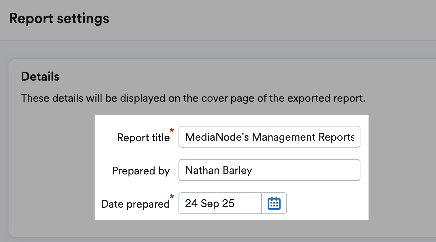Report title, date prepared, and prepared by fields.