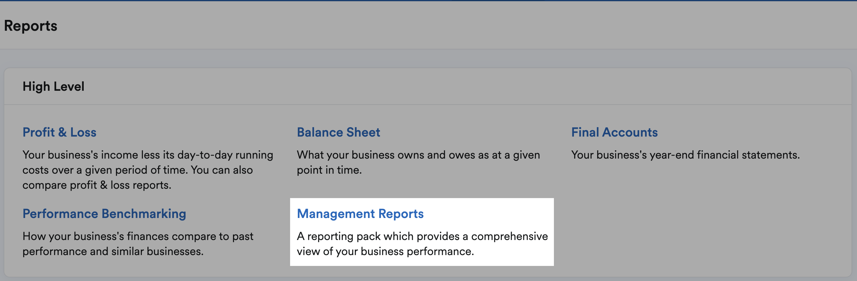 'Management Reports' highlighted in High Level section of Reports page.