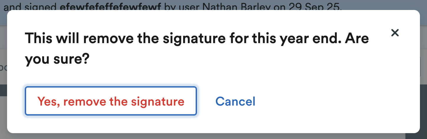 Pop-up window asking if you're sure you want to remove the signature.