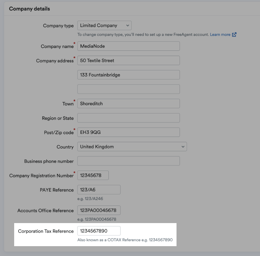 Corporation Tax Reference box highlighted within the Company Details area.