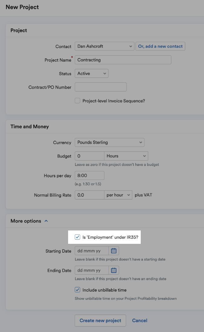 IR35 box ticked in more options section of on New project page