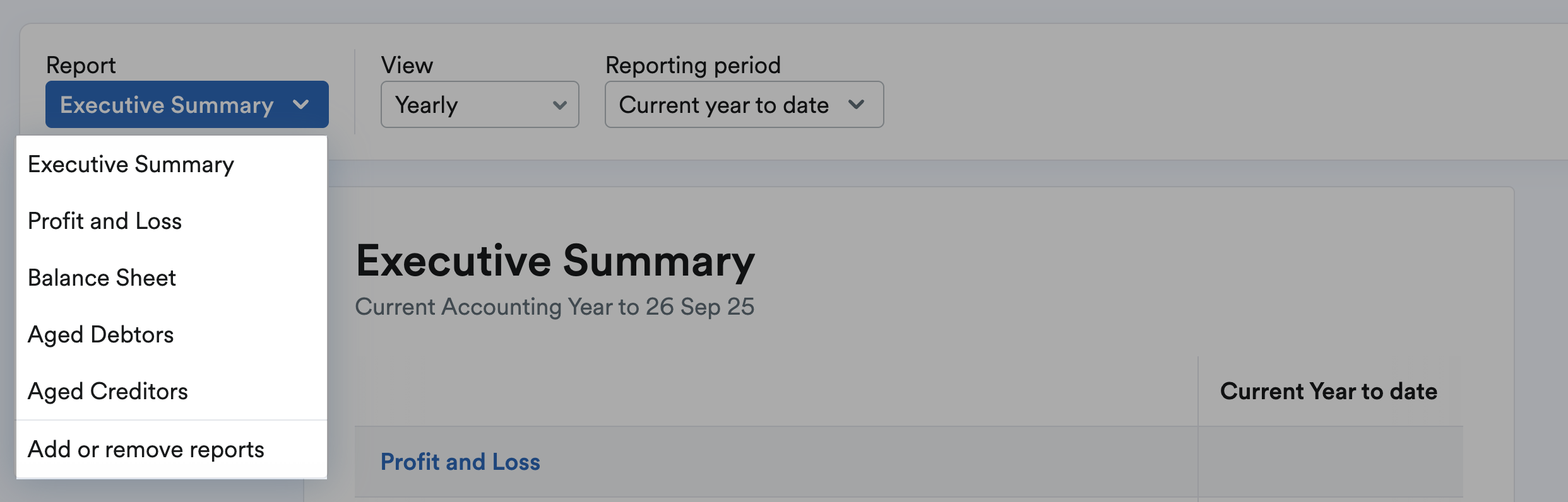 Report types to filter by highlighted in drop down menu.