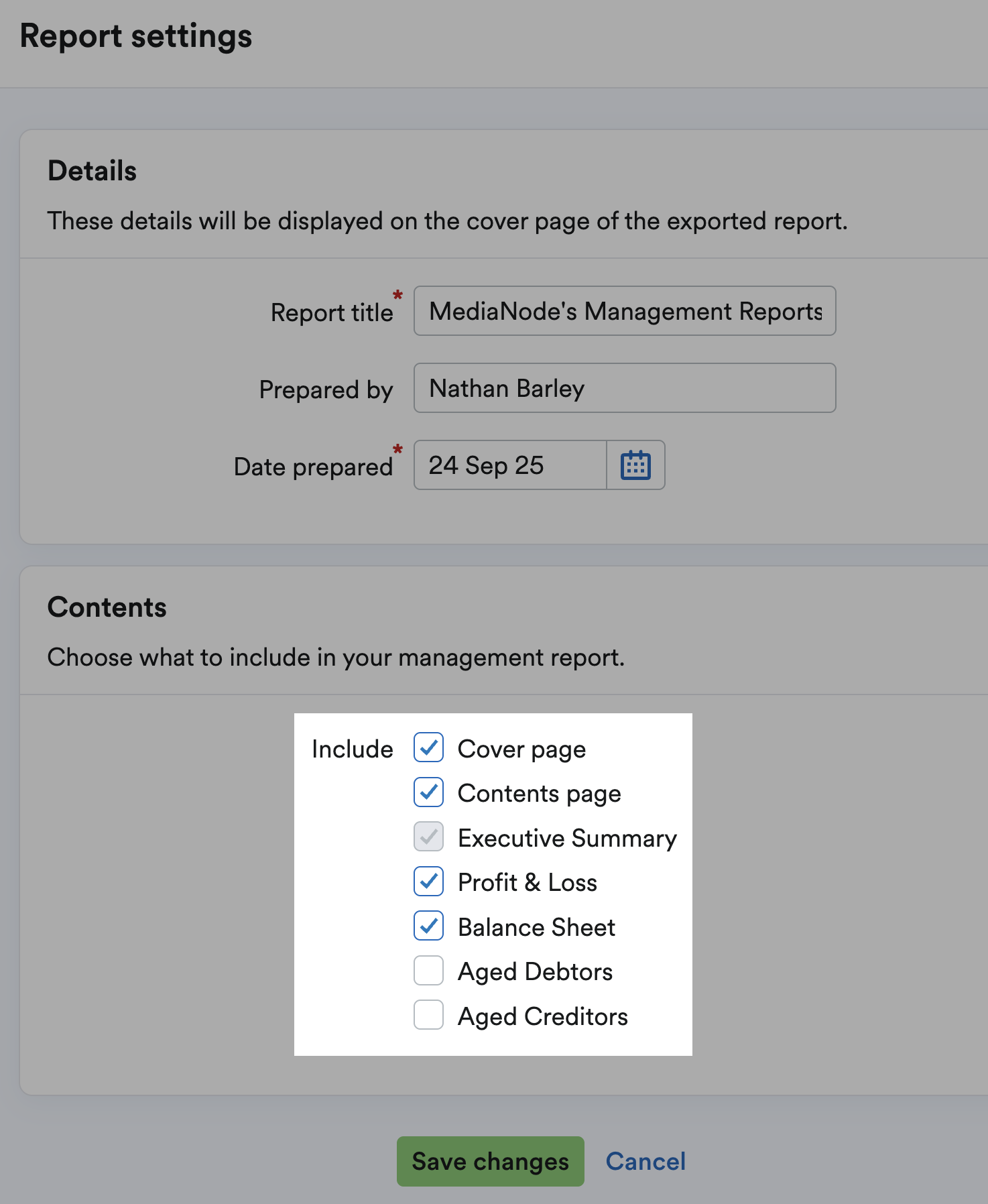 Checkboxes listing items to include on Management Reports.
