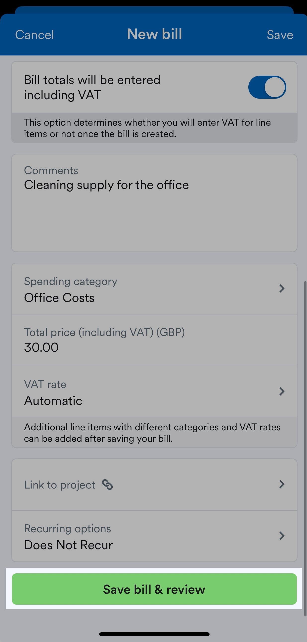 'Save bill and review' button highlighted on New bill screen.