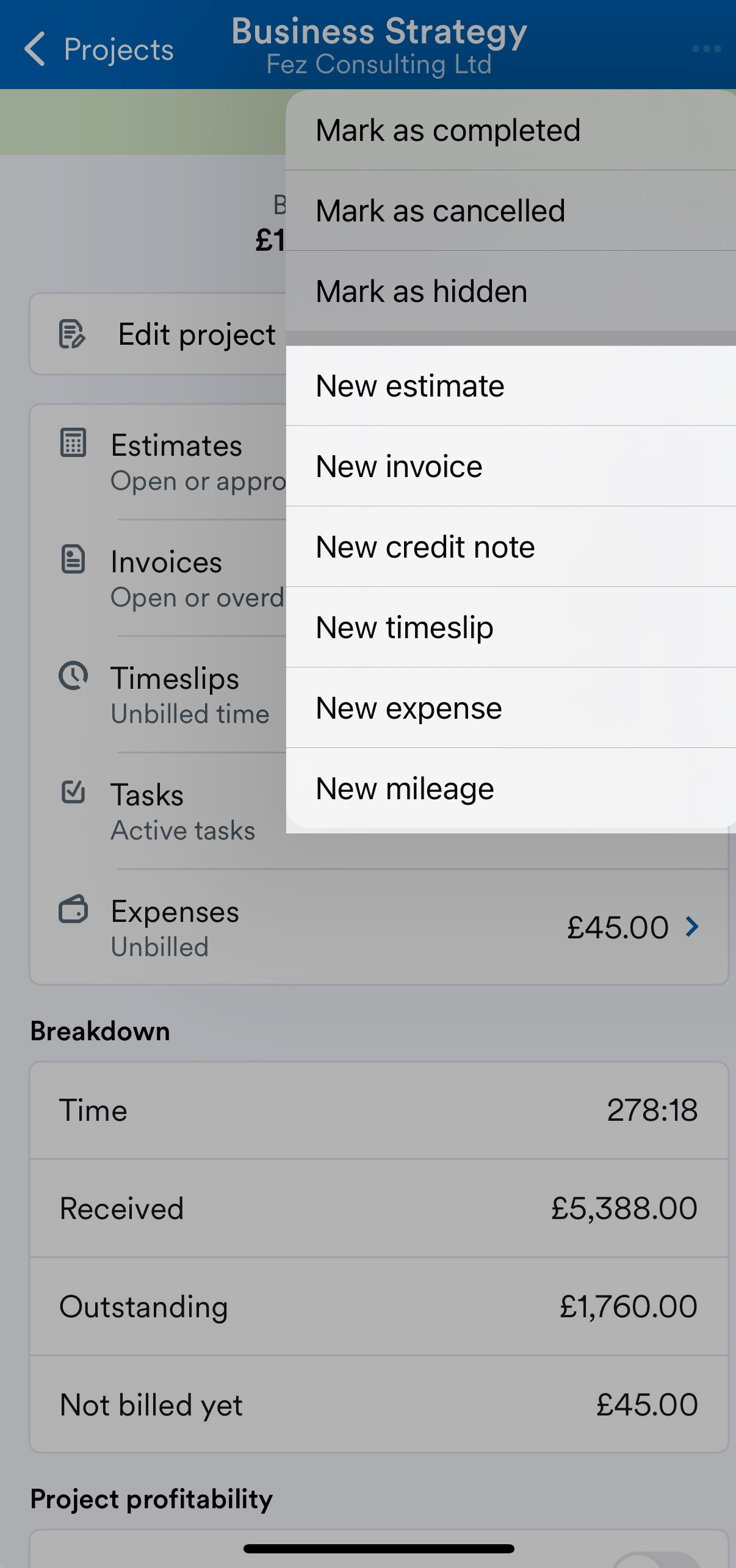 Options to add new estimate, invoice, credit note, timeslip, expense, and mileage highlighted on drop down menu.