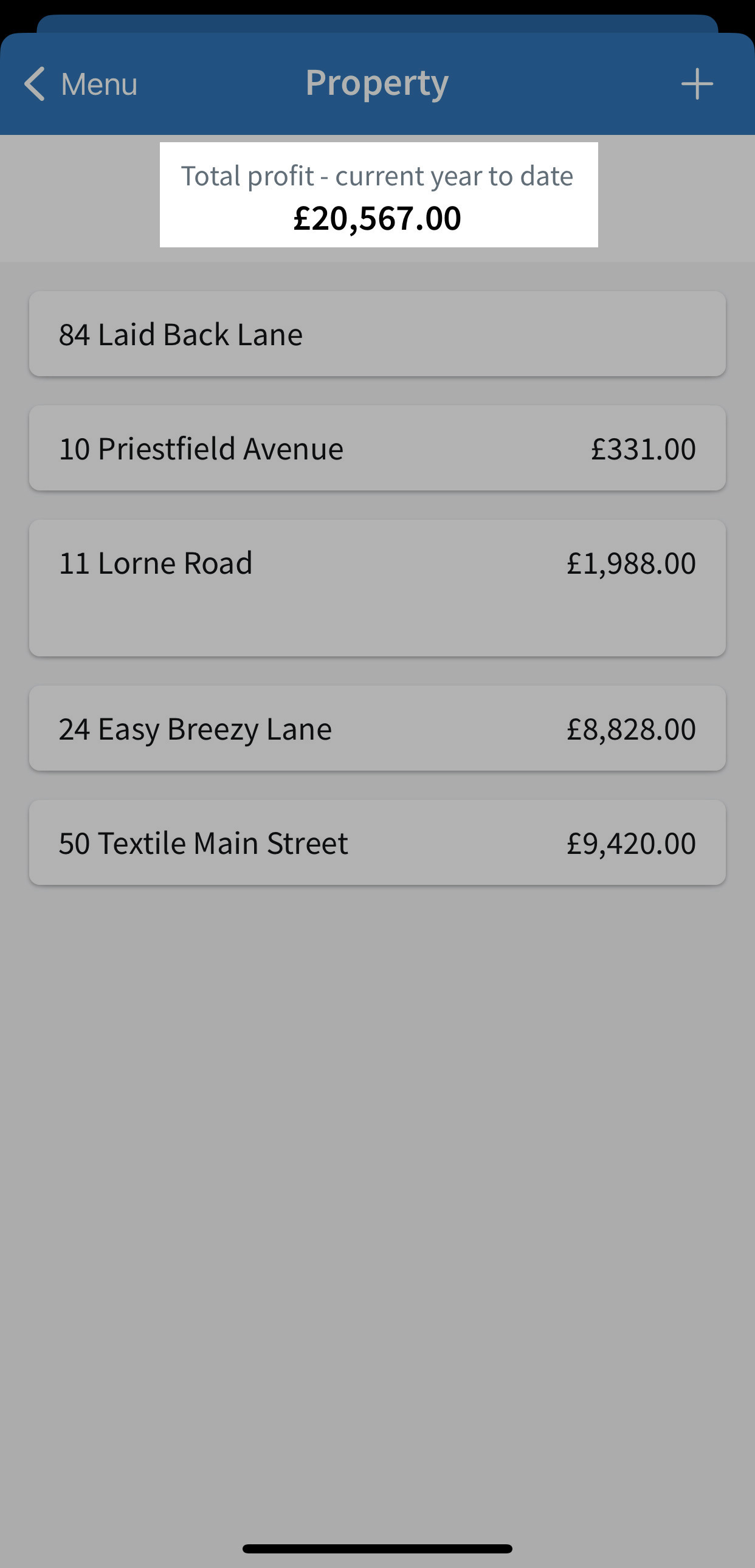 Total profit for current year to date highlighted above list of properties.