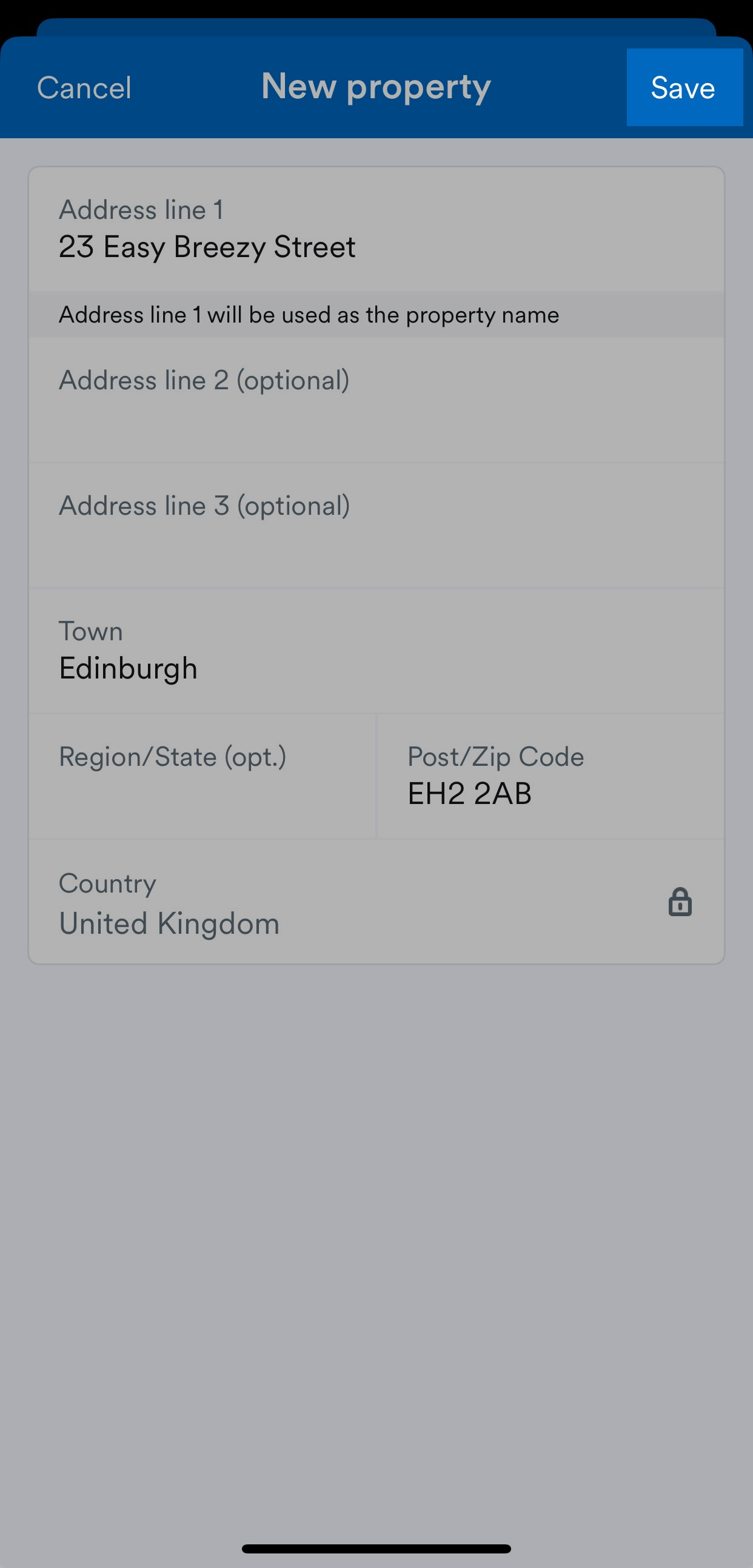 'Save' button highlighted on New property screen.