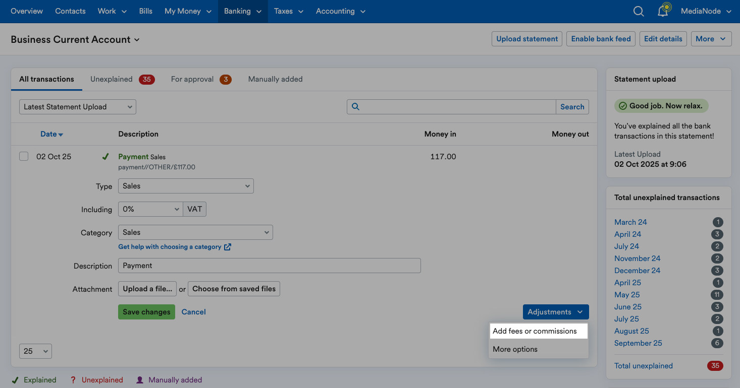 'Add fees or commissions' highlighted on 'Adjustments' drop down menu.