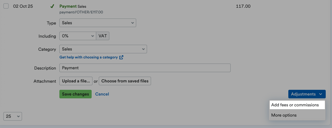 'Add fees or commissions' highlighted on 'Adjustments' drop down menu.