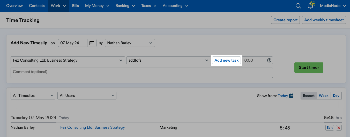 Add new task button highlighted