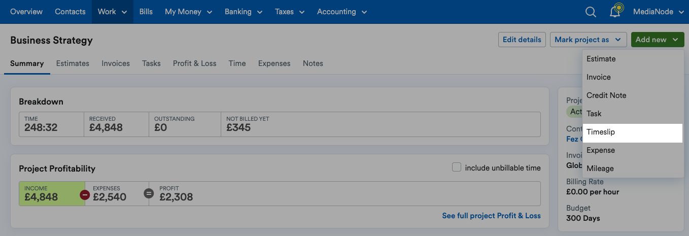 Project screen with Timeslip highlighted within Add new menu