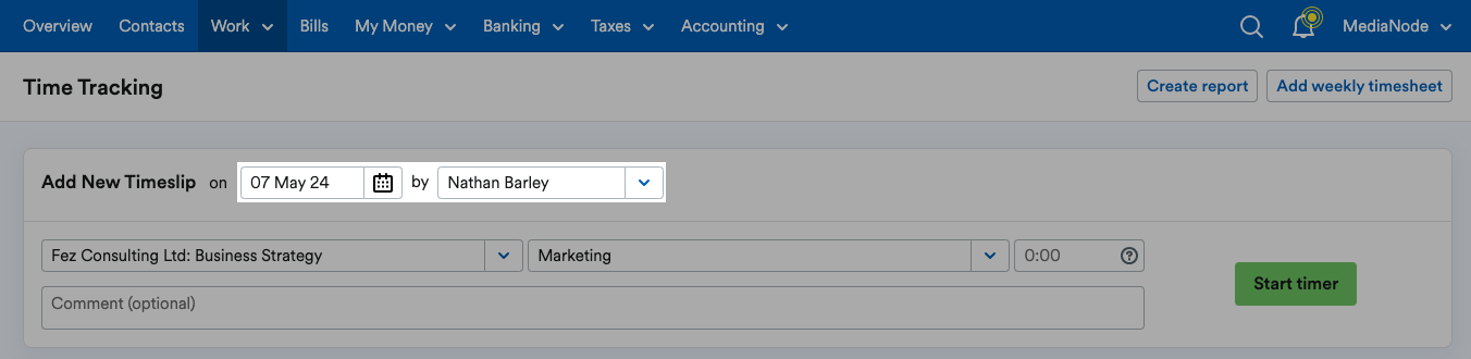 Options to choose a date for the timeslip and select a user