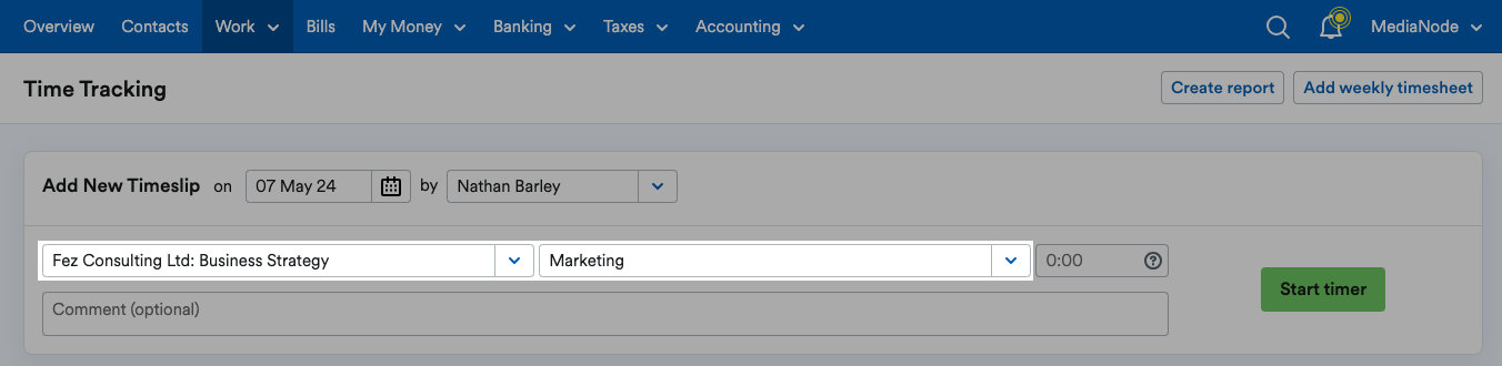 Options to choose a project and task for the timeslip