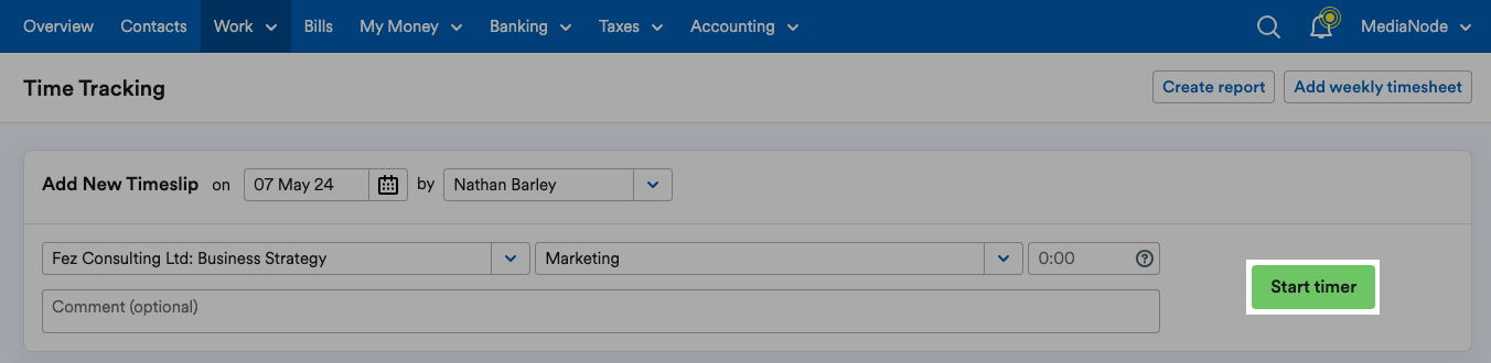 Start timer button highlighted
