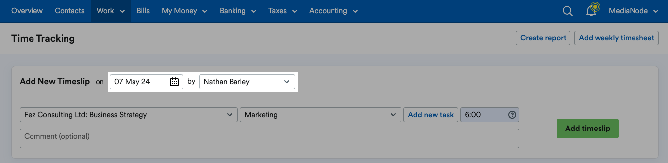 Options to choose a date for the timeslip and select a user