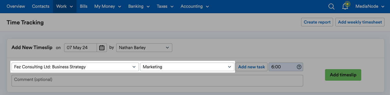 Options to choose a project and task for the timeslip