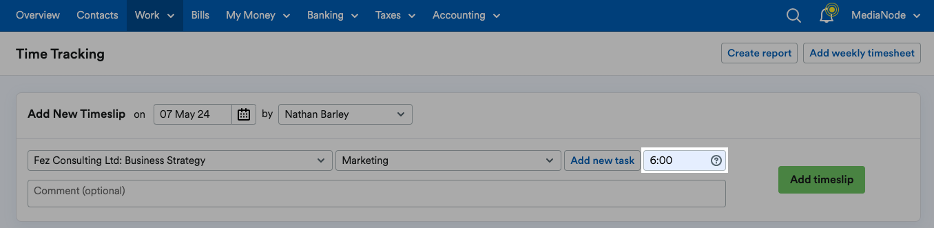 Option to enter the number of hours and minutes for the timeslip