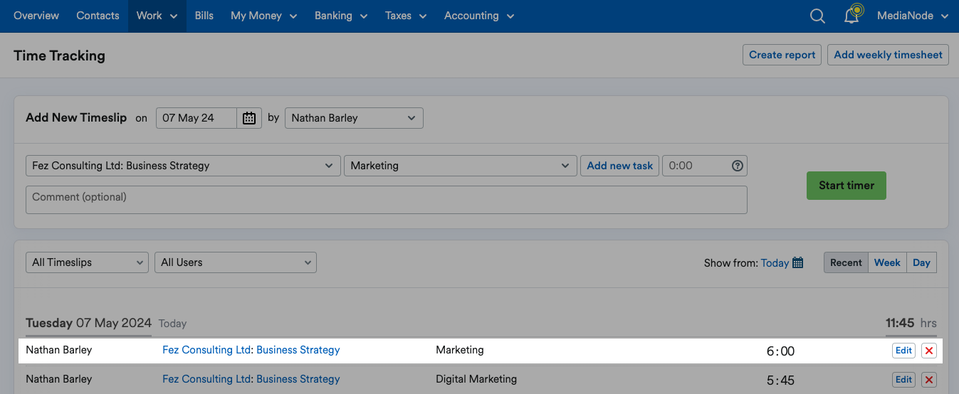 Newly created timeslip highlighted