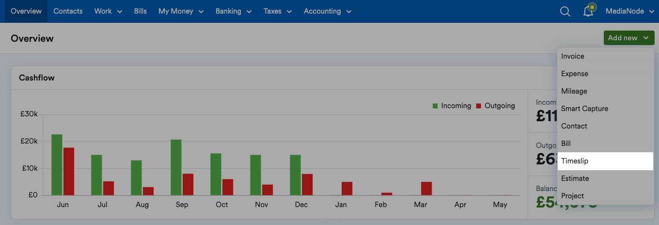 Overview screen with Timeslip highlighted within Add new drop-down menu