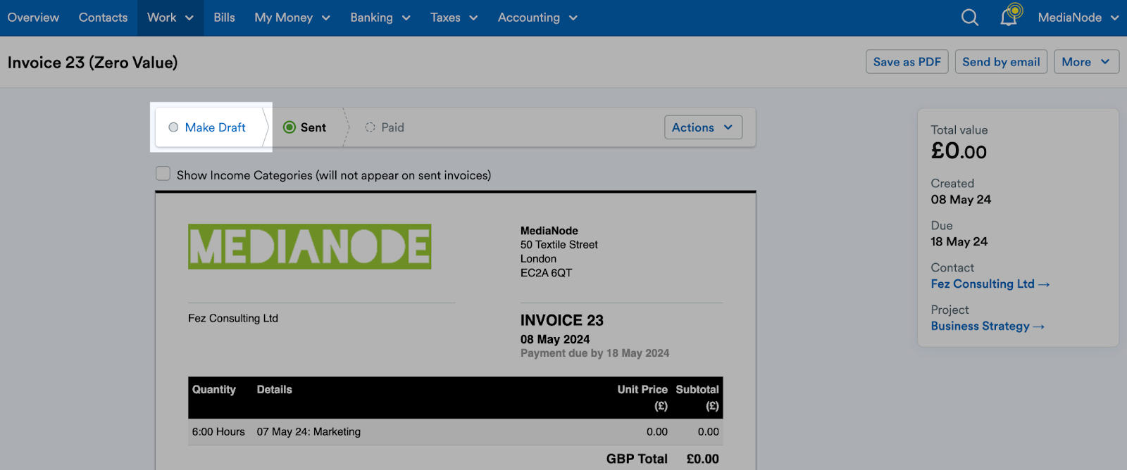 Make Draft button above invoice template highlighted