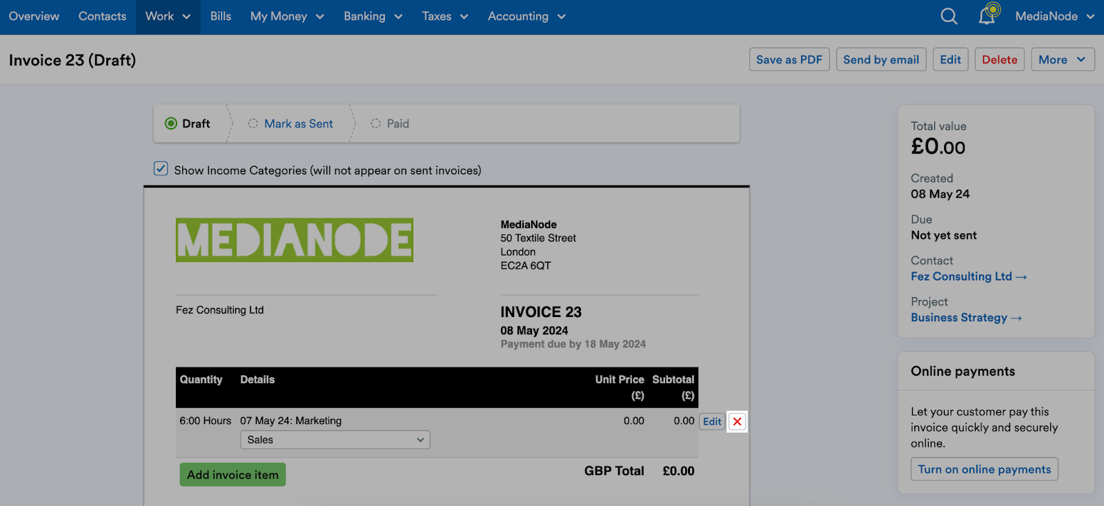 Cross to the right of the invoice line item highlighted