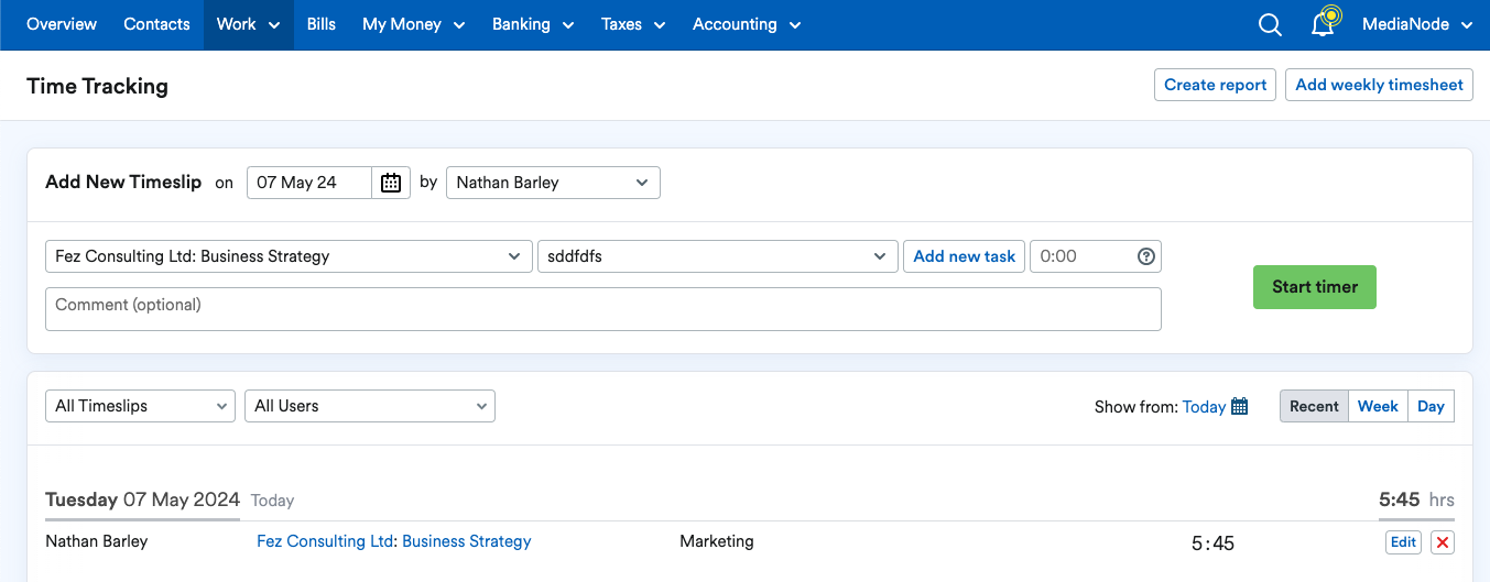Time Tracking area in FreeAgent with list of previously created timeslips