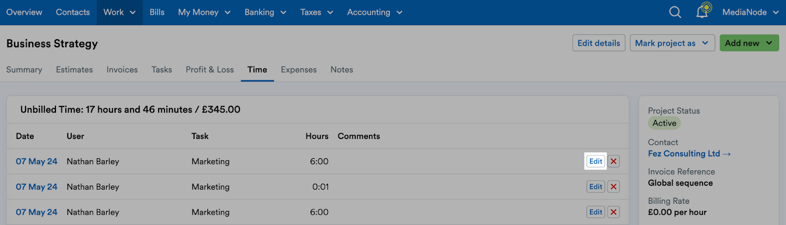 Edit button next to a timeslip highlighted from within the project screen