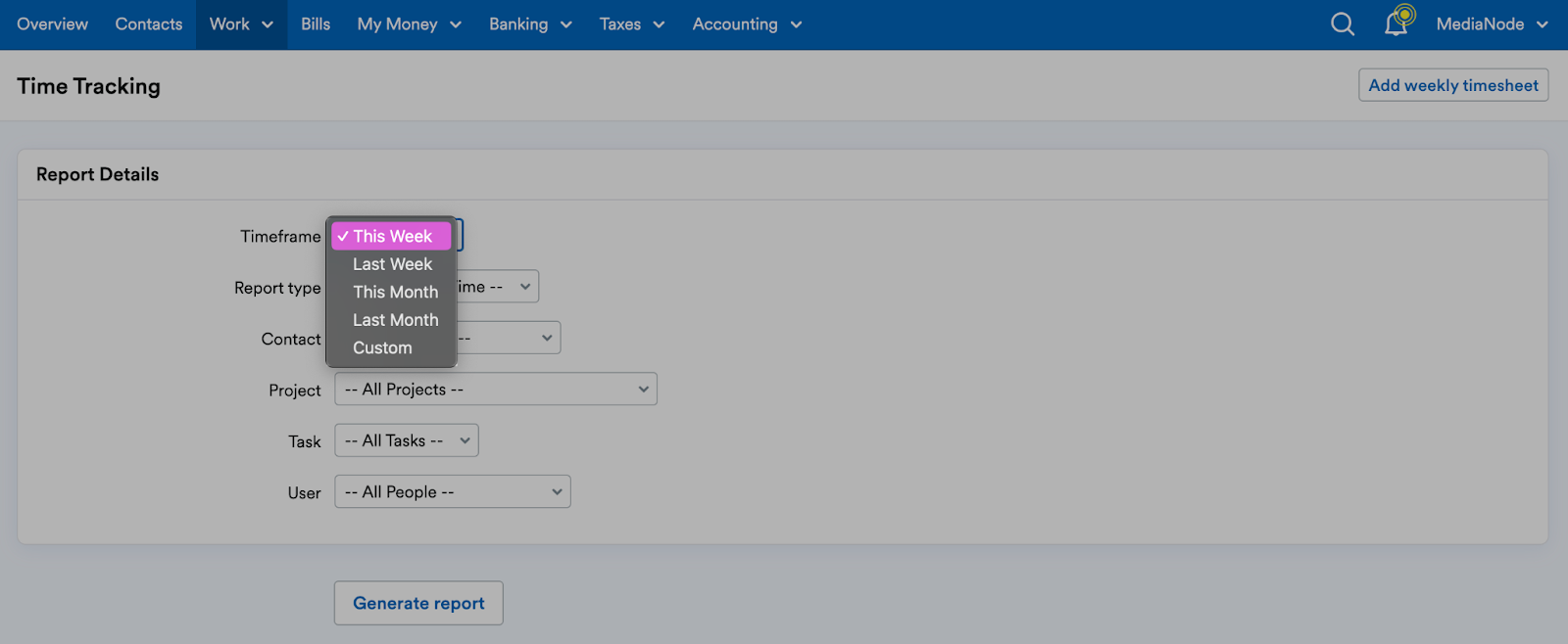 Option to choose the timeframe of the weekly timesheet report