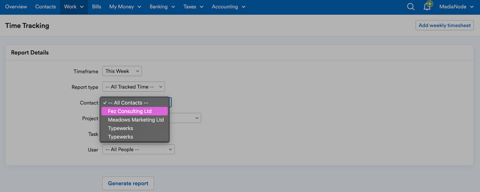 Option to choose which contact to create a weekly timesheet report