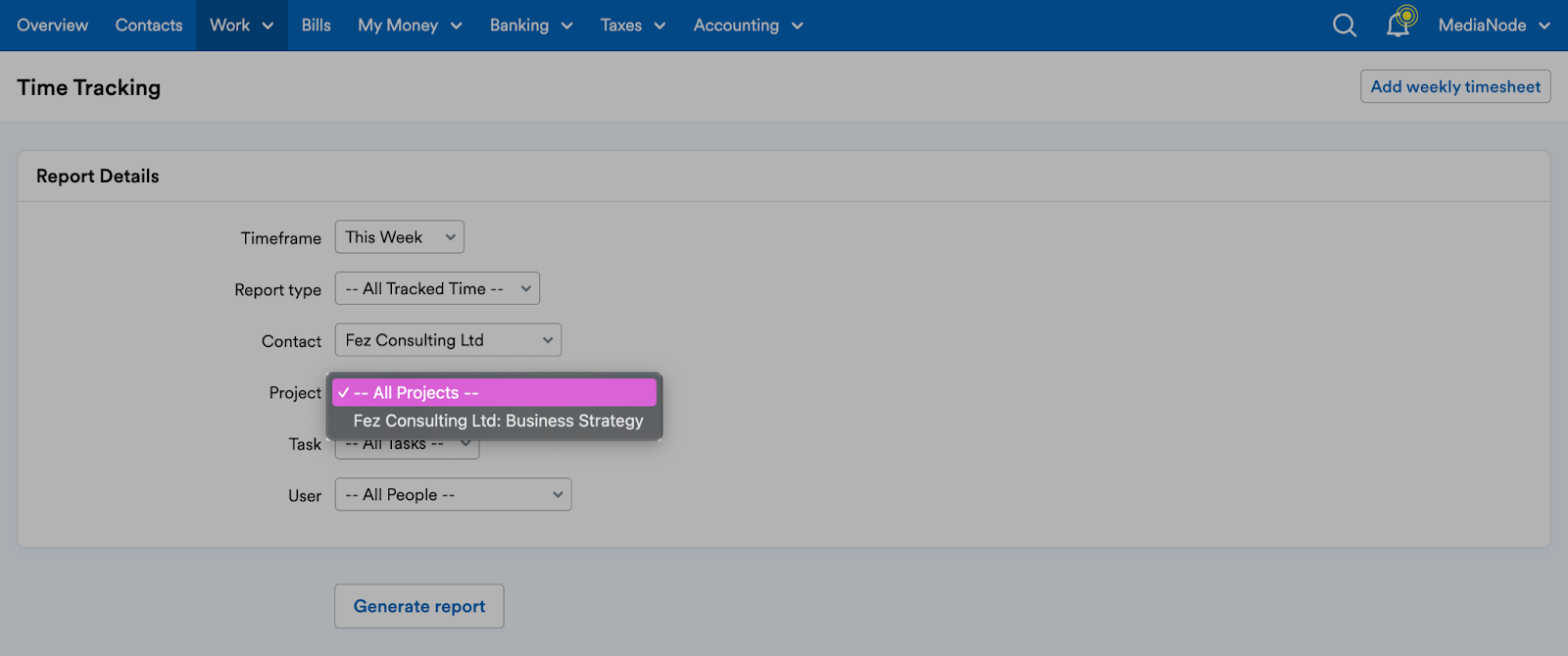 Option to choose which project to create a weekly timesheet for