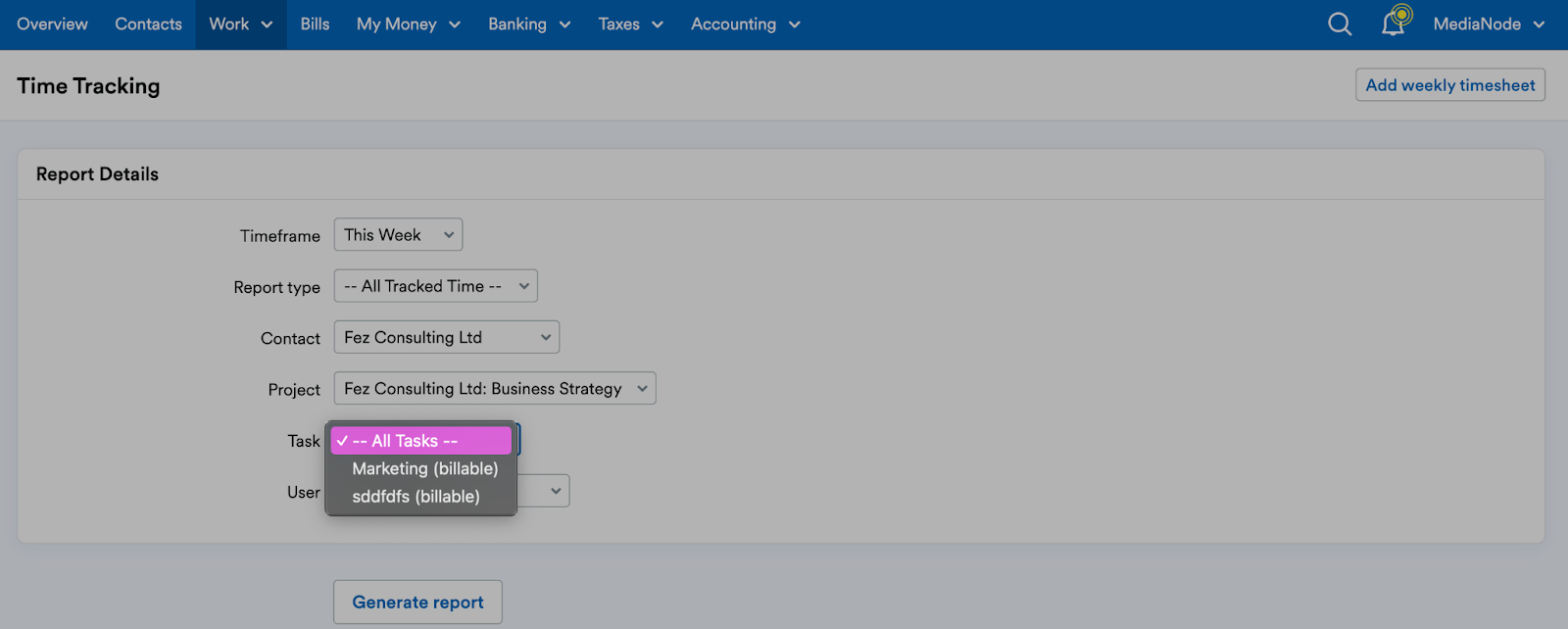 Option to choose which task to create a timesheet report for