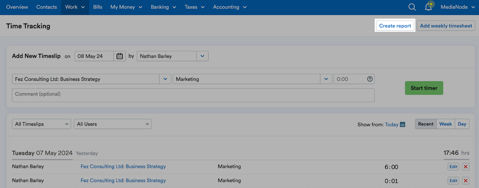 Create report button highlighted in top-right