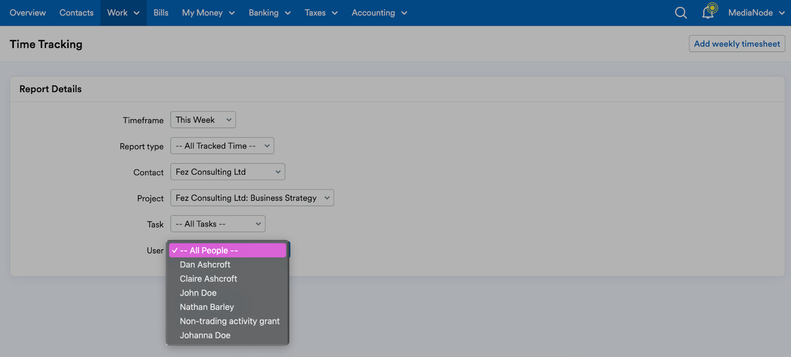 Option to choose which user to create a timesheet report for