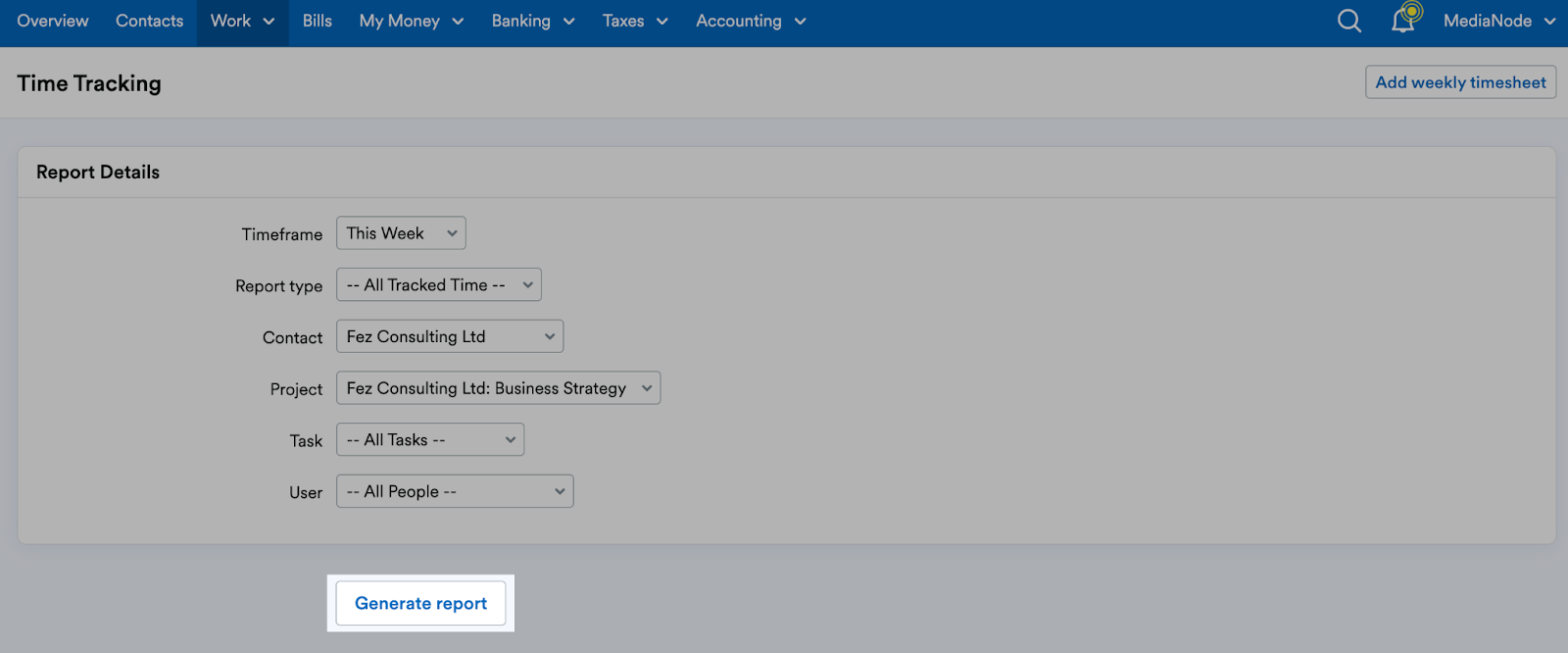 Generate report button highlighted