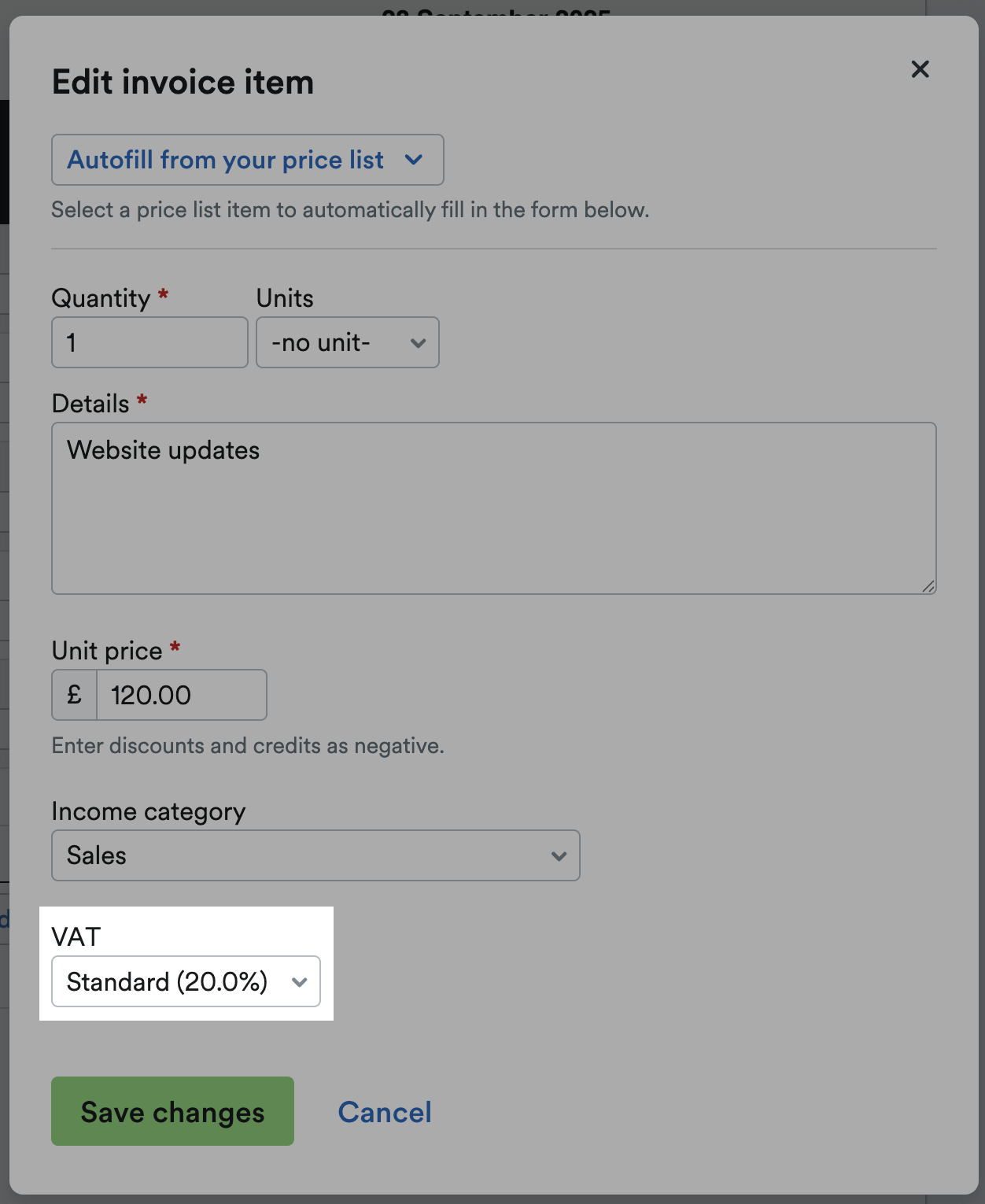 VAT option highlighted on Edit invoice item screen