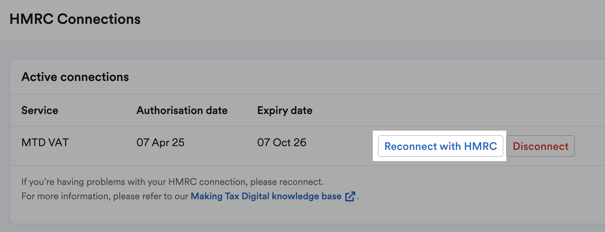 HMRC Connections page with Reconnect with HMRC button highlighted